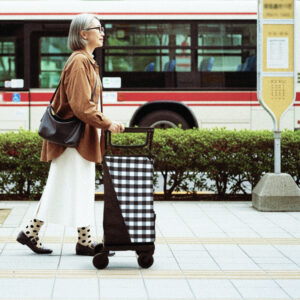 WCC15の横押しカートを使用して屋外を歩く様子。横押しタイプのショッピングカートを使った移動シーン。